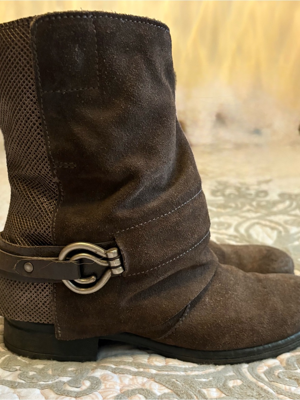 Miz Mooz Brown Suede Ankle Booties with Buckle Strap